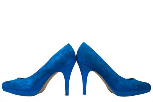 blue painted high heels shoes on white background