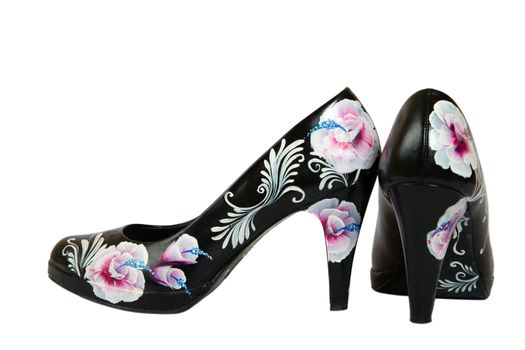 black women high heels shoes with printed flower on white background