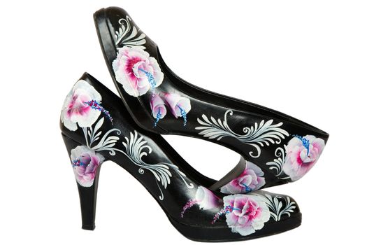 black women high heels shoes with printed flower on white background