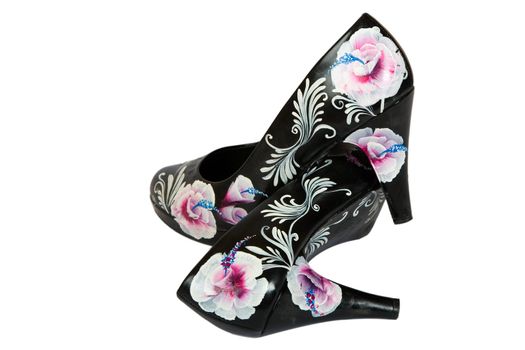 black women high heels shoes with printed flower on white background