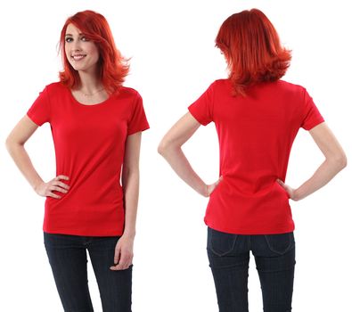 Young beautiful redhead female with blank red shirt, front and back. Ready for your design or artwork.