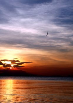 Nice and beautiful summer sunset reflecting the calm water at the bay