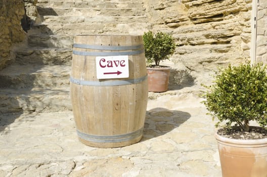 barrel and sign of a wine tasting in Provence, France