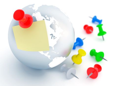 office pins and attached to globe sheet of paper