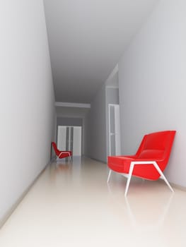 light empty hall of business center with red arm-chairs at walls