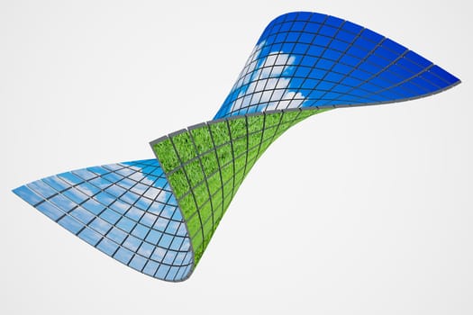 twisted cubes with the image of grass and sky on a white background