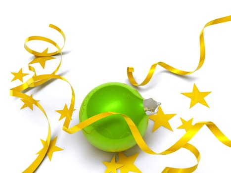 green christmas ball in an environment of stars and a tinsel on a white background