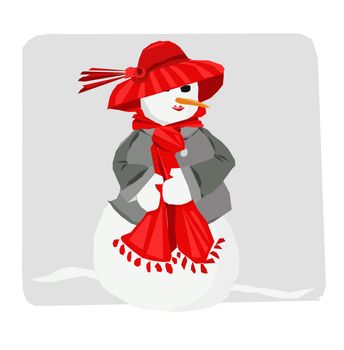 Mrs. Snowman dressed in a red hat, scarf and gray jacket stands out in the snow.