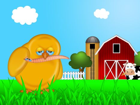 Chick Eating Worm on Farm with Red Barn and Silo with Cow Illustration