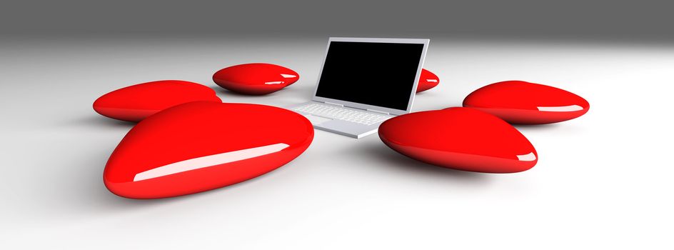3D Illustration. Hearts and a Laptop.