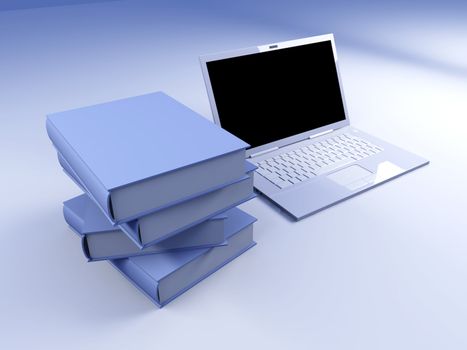 A Laptop with books. 3D rendered illustration.  