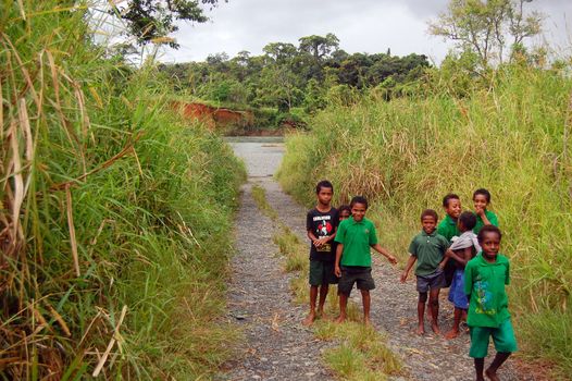 Papuan kids on the road near the river, Maregiuina village, Papua New Guinea