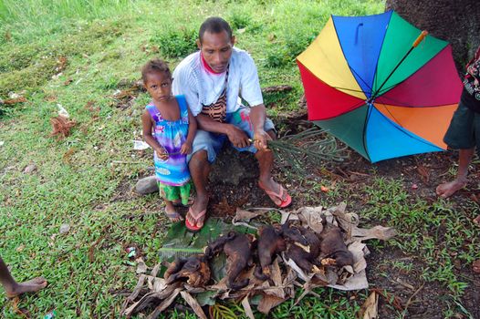 Man ang girl saling pork on market, village in Papua New Guinea