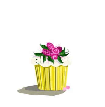 Sweet cupcake sits alone with pink flowers and leaves waiting to be enjoyed.