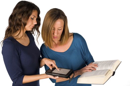 Students comparing a paper and an electronic book