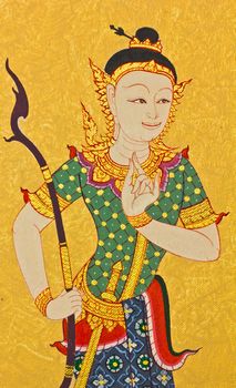 Vintage traditional Thai style art painting on temple for background.