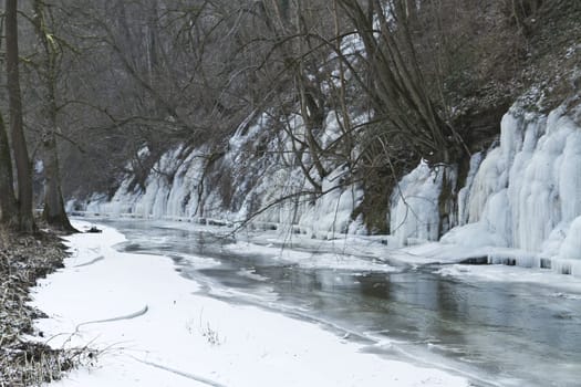 frozen river with ice. rural scene in south germany