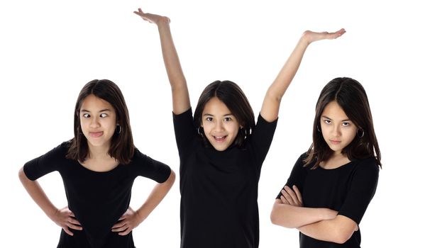 A young girl expresses various expressions of her personality