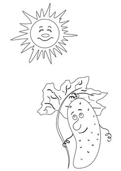 Summer cartoon, contour, cucumber hiding under an umbrella from the sun