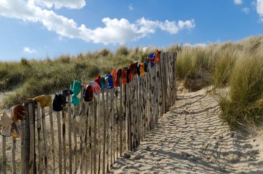 Old coloured gloves lined up on a fence among the sand dunes . Kent UK