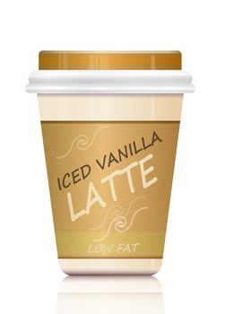 Illustration depicting a single take-out iced Latte container arranged over white and reflecting into foreground.