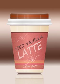 Illustration depicting a single take-out iced Latte container arranged over brown shades and reflecting into foreground.