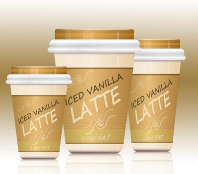 Illustration depicting three take-out iced Latte containers arranged over light neutral background reflecting into foreground.