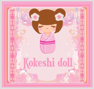 Kokeshi doll on the pink background with floral ornament