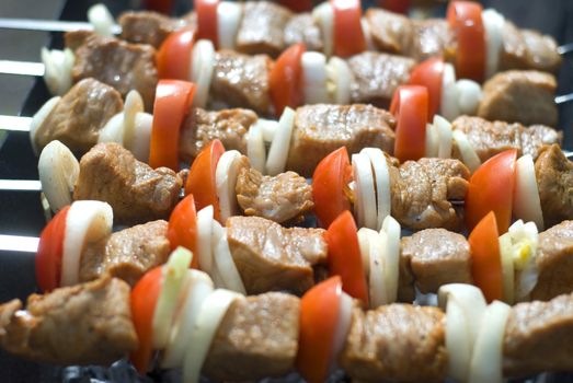 kabobs grilled with vegetables on metal skewers