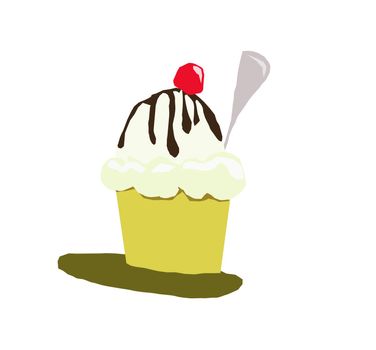 Ice Cream Sundae in a yellow bowl with chocolate syrup, a cherry and a spoon.