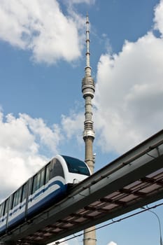 TV tower Ostankino and monorail train in Moscow, Russia