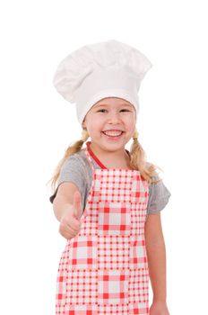 girl in chef's hat shows ok isolated on white background