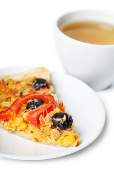 A slice of pizza on a plate and a cup of tea