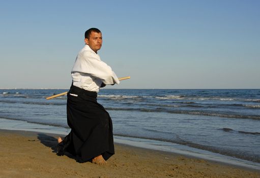 a young man are training in Aikido on the beach