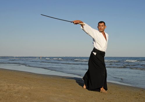 a young man are training in Aikido on the beach