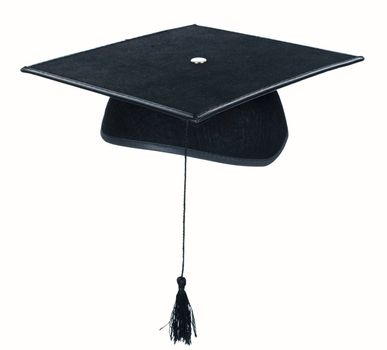 A black mortarboard with hanging tassle, isolated on white background.