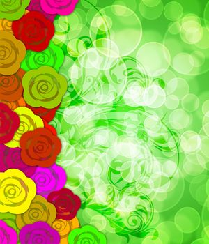 Colorful Roses Border with Floral Swirls and Blurred Bokeh Background Illustration