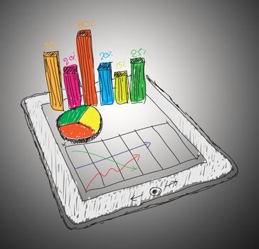 sketch computer tablet showing a spreadsheet with  charts