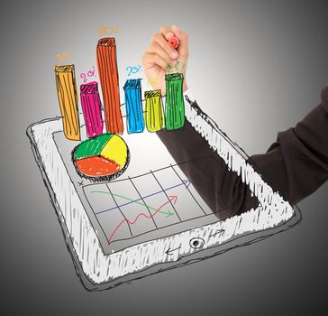 sketch computer tablet showing a spreadsheet with  charts