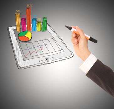 sketch computer tablet showing a spreadsheet with  charts