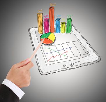 sketch computer tablet showing a spreadsheet with  charts