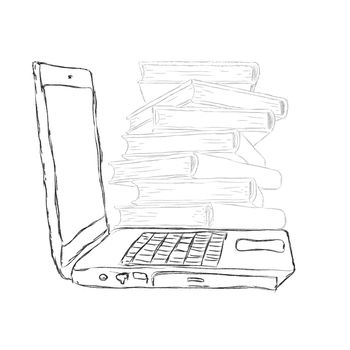 sketch Laptop with books and blank display