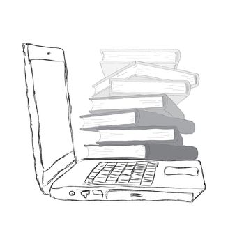 sketch Laptop with books and blank display