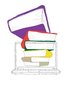 sketch Laptop with books and blank display