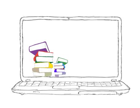 sketch Laptop with books and blank display
