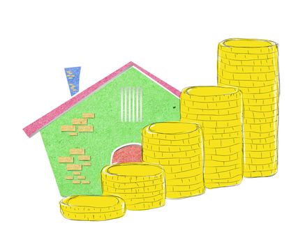 stack of coins and house icon as concept related to real state bussines