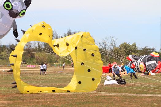 CHA-AM - MARCH 10: Colorful kites in the 12th Thailand International Kite Festival on March 9, 2012 in Naresuan Camp, Cha-am, Thailand