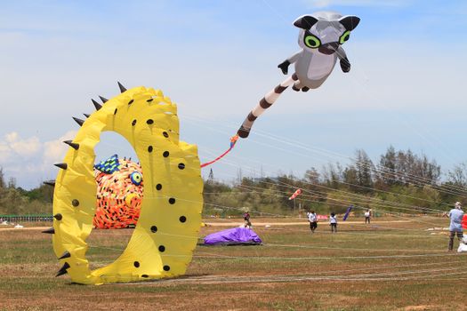 CHA-AM - MARCH 10: Colorful kites in the 12th Thailand International Kite Festival on March 9, 2012 in Naresuan Camp, Cha-am, Thailand