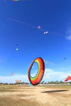 CHA-AM - MARCH 10: Colorful kites in the 12th Thailand International Kite Festival on March 9, 2012 in Naresuan Camp, Cha-am, Thailand