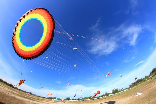 CHA-AM - MARCH 10: Colorful kites in the 12th Thailand International Kite Festival on March 9, 2012 in Naresuan Camp, Cha-am, Thailand